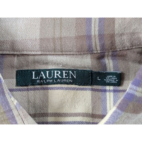 Flaw Lauren Ralph Lauren Flannel Top Women's L Brown Plaid Fitted Button Up - Picture 4 of 9